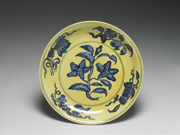 黃釉青花花果盤