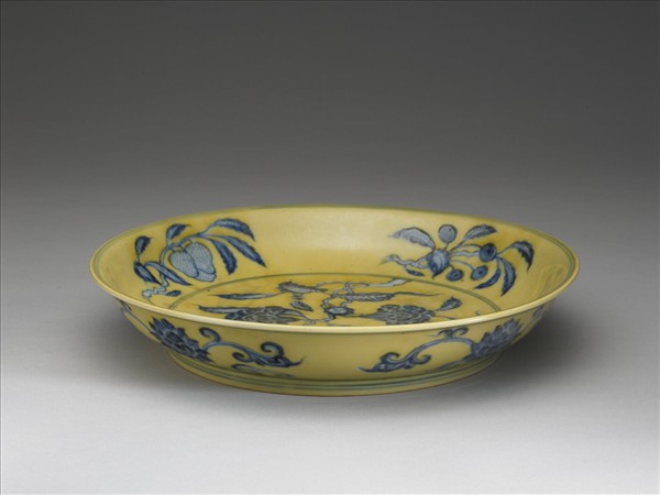 黃釉青花花果盤