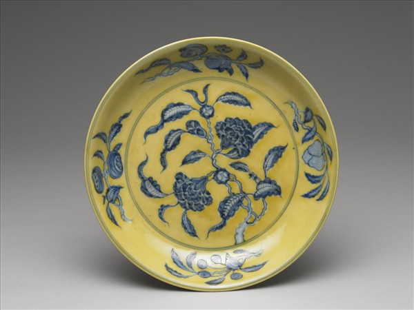 黃釉青花花果盤