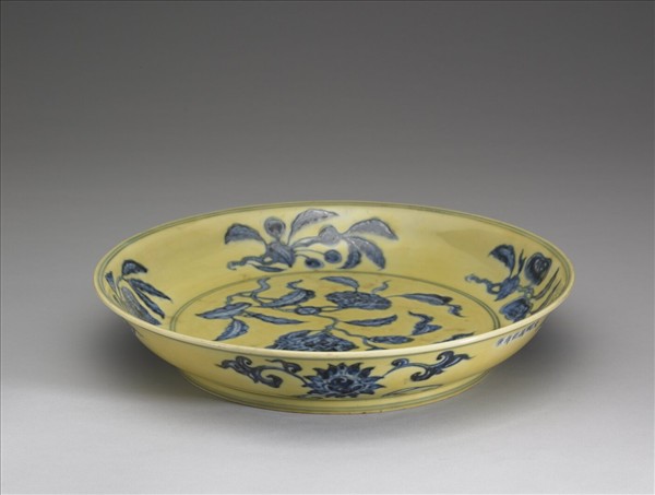 黃釉青花花果盤