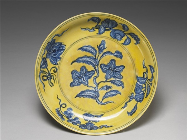 黃釉青花花果盤