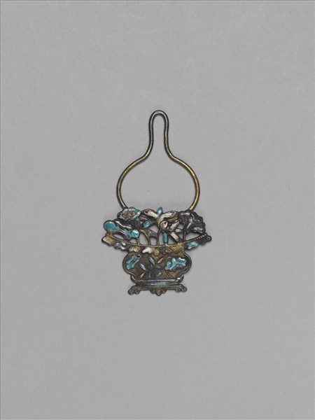 燒藍荷花花籃形銀飾件