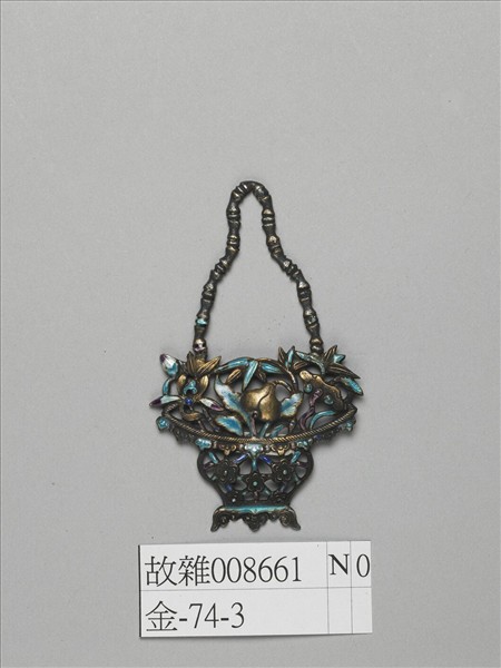 燒藍蘭竹桃芝花籃形銀飾件