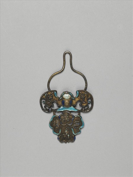 燒藍萬壽無疆花籃形銀飾件