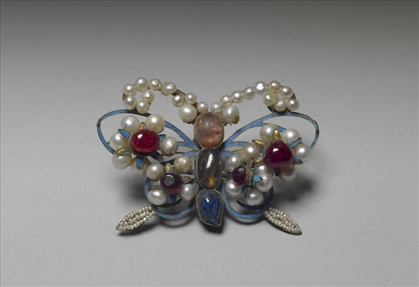 銀鍍金嵌珠寶點翠蝴蝶式帽正