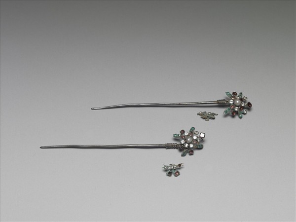 銀嵌玻璃蝶式簪