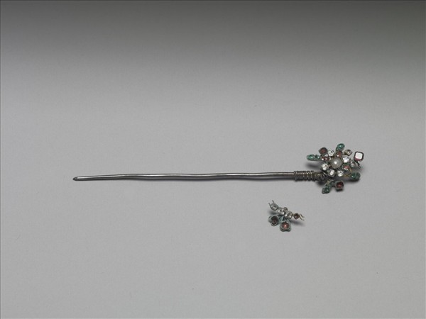 銀嵌玻璃蝶式簪