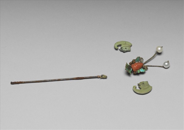 珊瑚松石蝠首銀腳簪