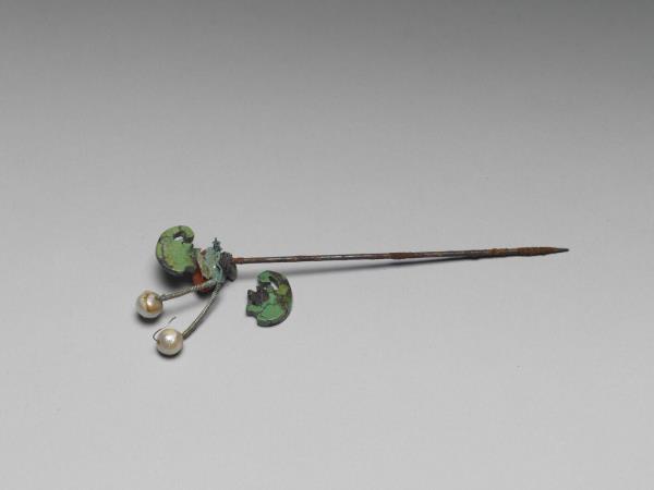 珊瑚松石蝠首銀腳簪