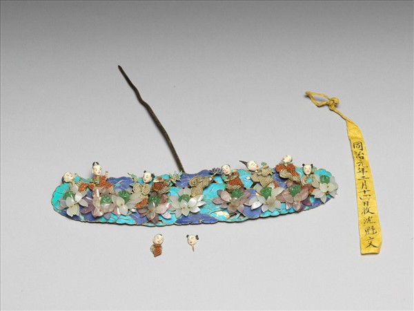 銀鍍金點翠嵌玻璃米珠嬰戲簪