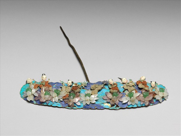 銀鍍金點翠嵌玻璃米珠嬰戲簪