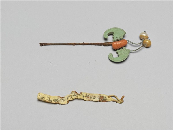 珊瑚松石蝠首銀腳簪