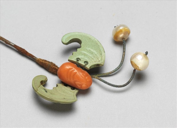 珊瑚松石蝠首銀腳簪