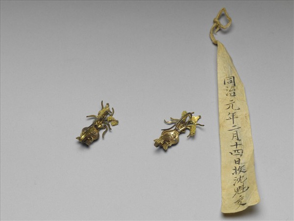 銀鍍金點翠嵌紅黃米珠平安如意耳環