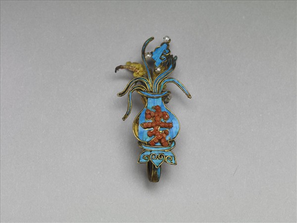 銀鍍金點翠嵌紅黃米珠平安如意耳環