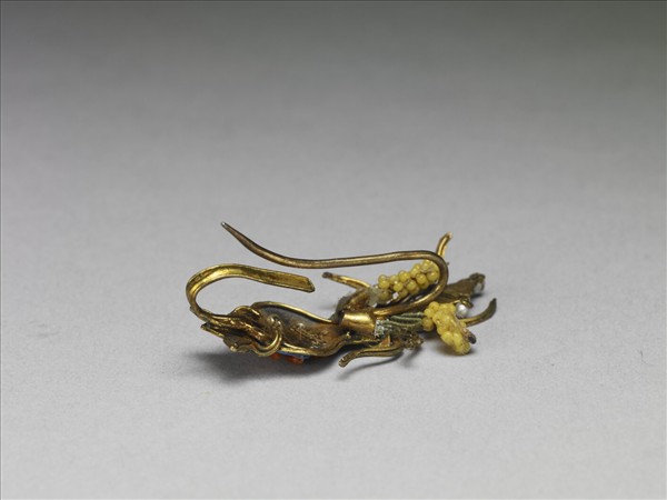 銀鍍金點翠嵌紅黃米珠平安如意耳環