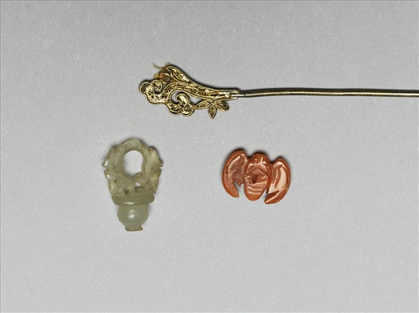 銀鍍金硝石花籃簪