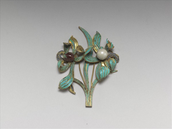 銀鍍金嵌珠點翠蘭花簪首