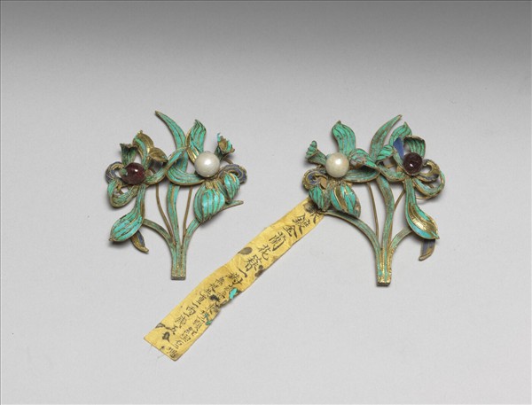 銀鍍金嵌珠點翠蘭花簪首