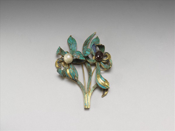 銀鍍金嵌珠點翠蘭花簪首