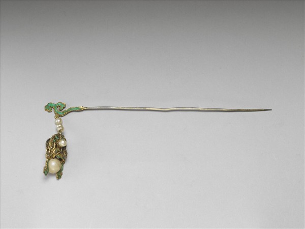 銀鍍金嵌珠花籃簪