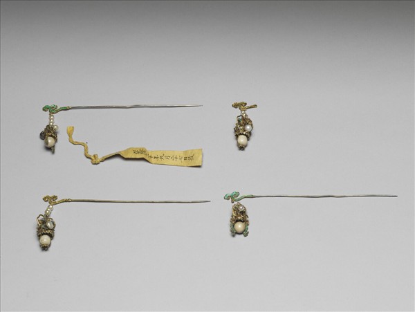 銀鍍金嵌珠花籃簪