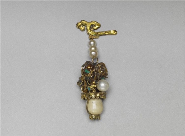 銀鍍金嵌珠花籃簪