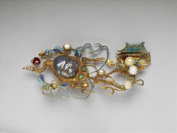 銀鍍金纍絲嵌珠寶金蟾簪