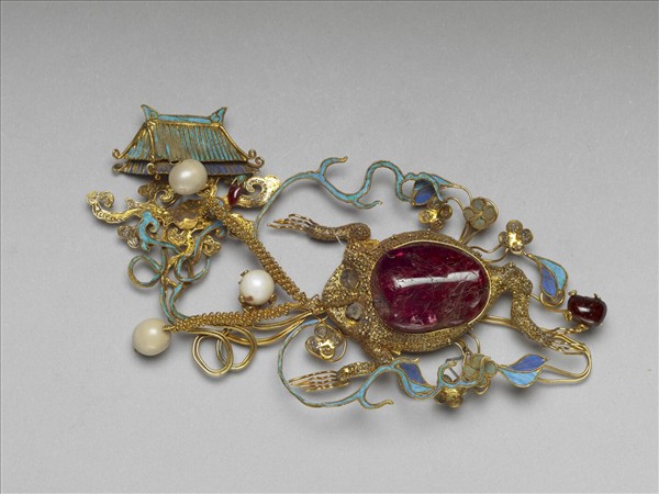 銀鍍金纍絲嵌珠寶金蟾簪