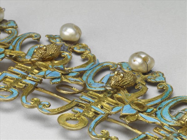 銀鍍金點翠嵌珍珠福壽挑牌簪