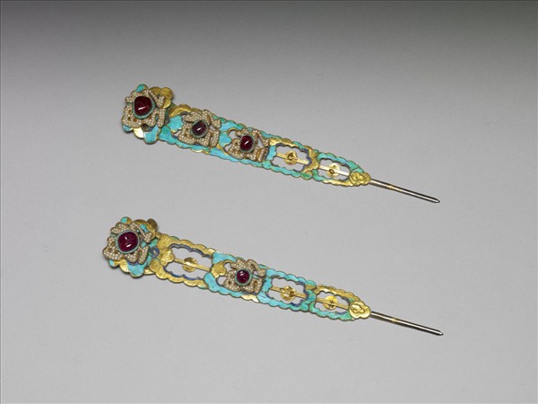 銀鍍金五福釵簪