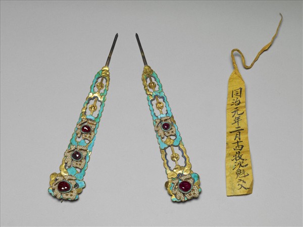 銀鍍金五福釵簪