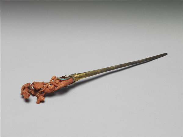 銀鍍金鑲珊瑚簪