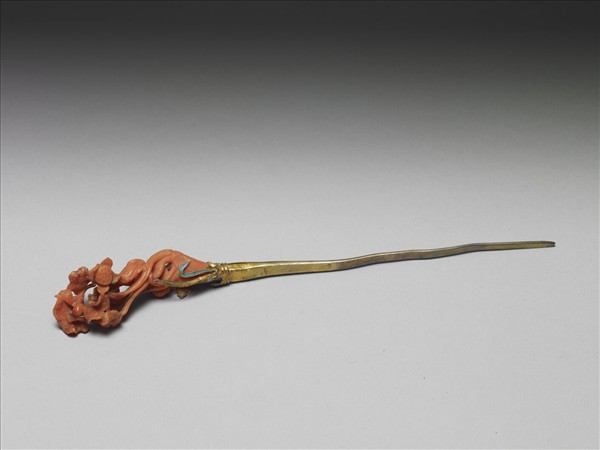 銀鍍金鑲珊瑚簪