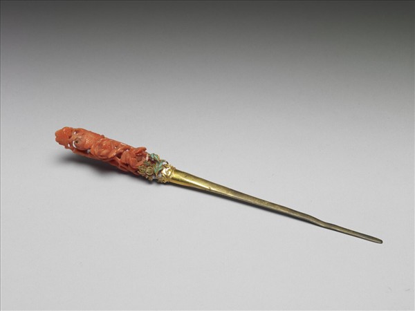 銀鍍金鑲珊瑚簪