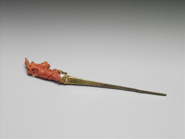 銀鍍金鑲珊瑚簪
