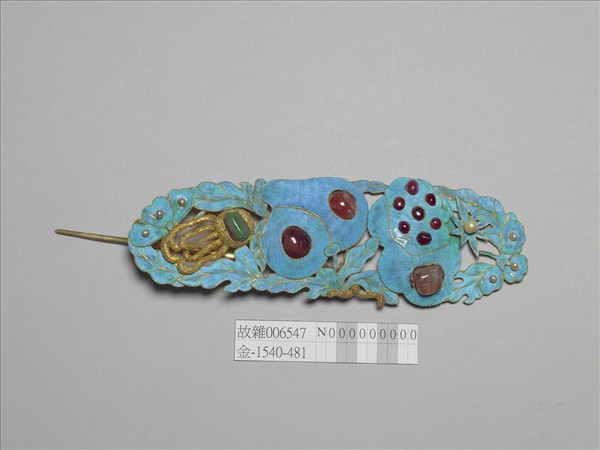 銀鍍金纍絲點翠嵌珠寶三多簪