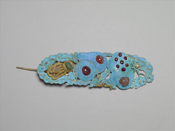 銀鍍金纍絲點翠嵌珠寶三多簪