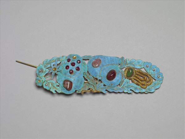 銀鍍金纍絲點翠嵌珠寶三多簪