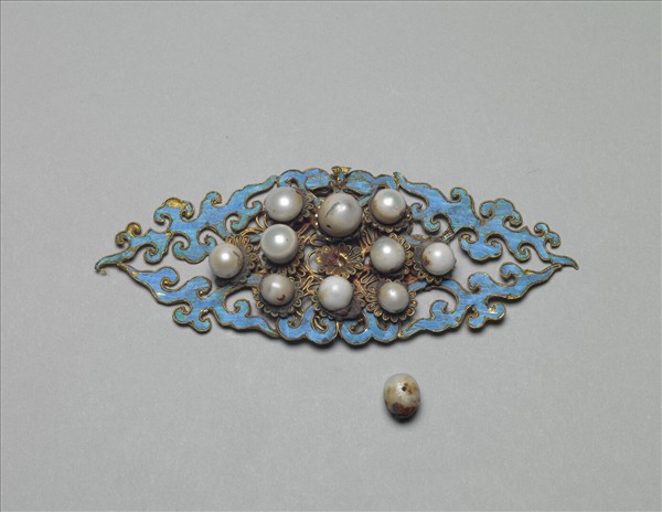 銀鍍金點翠嵌珠菊花結子