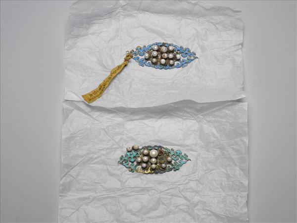 銀鍍金點翠嵌珠菊花結子