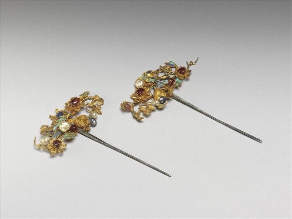 銀鍍金嵌珠寶鸚哥簪