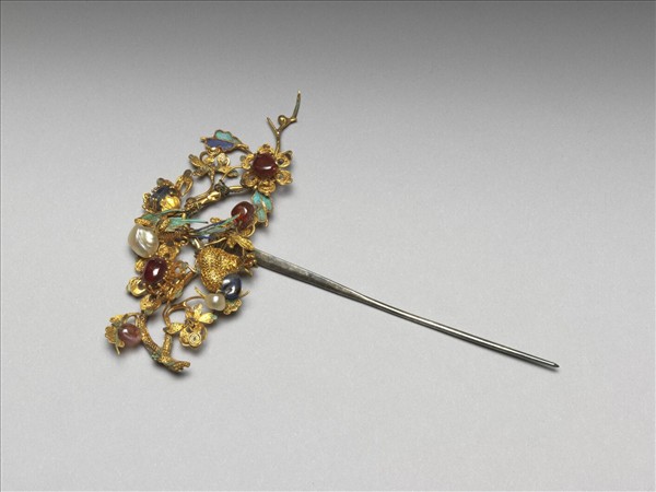 銀鍍金嵌珠寶鸚哥簪