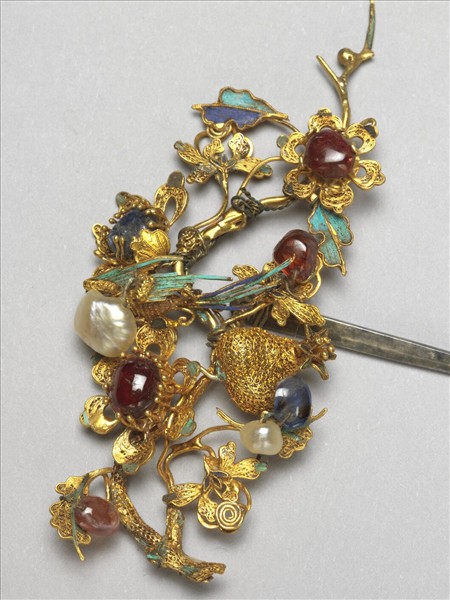 銀鍍金嵌珠寶鸚哥簪