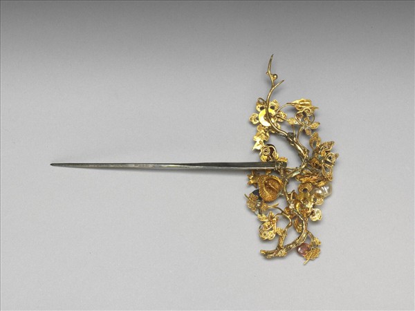 銀鍍金嵌珠寶鸚哥簪