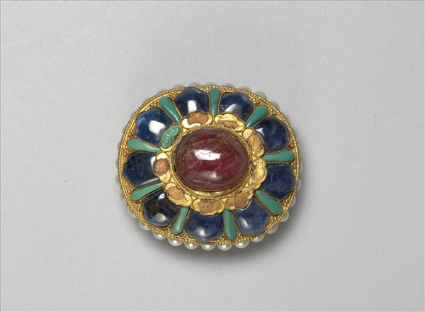 銅鍍金鑲珠寶帶扣及帶板