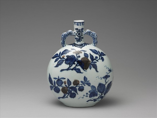 青花釉裡紅花果扁壺