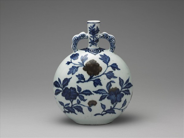 青花釉裡紅花果扁壺