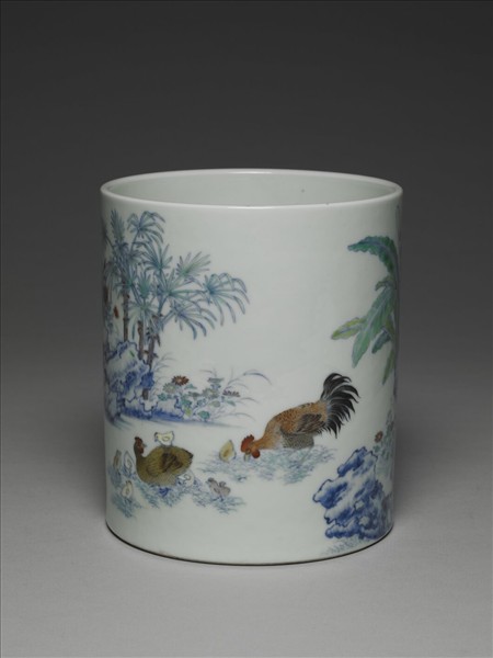 鬥彩子母雞圖筆筒