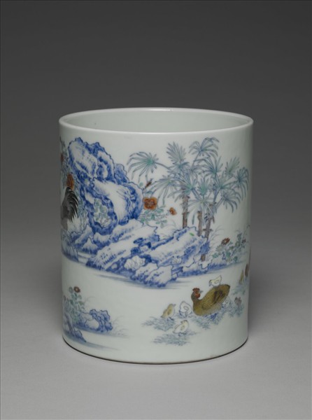 鬥彩子母雞圖筆筒